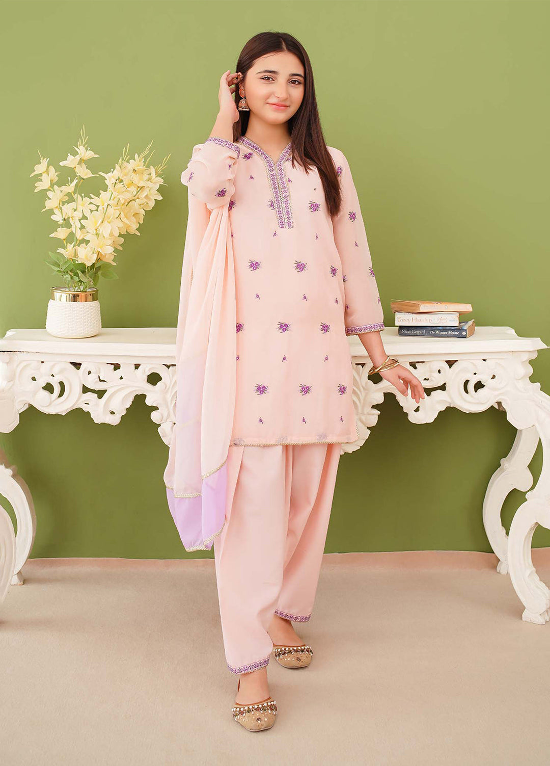 Modest Pret Edit Girls 3 Piece Peach Chiffon Embroidered Suit - Formals Collection