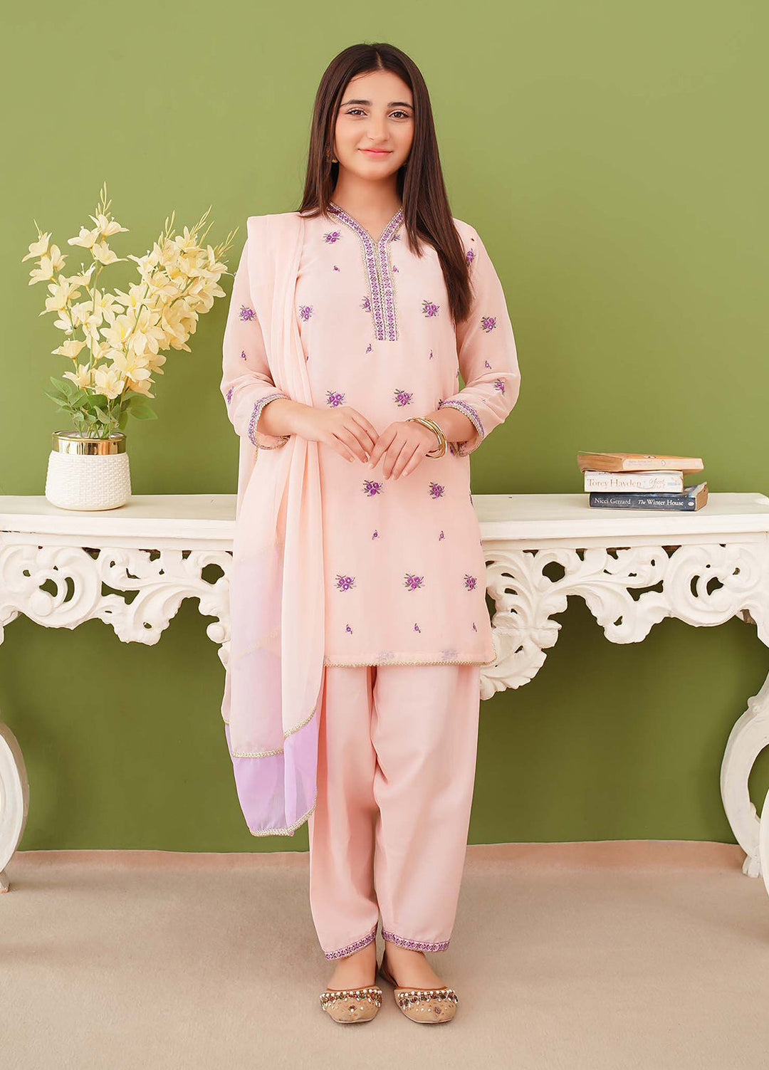 Modest Pret Edit Girls 3 Piece Peach Chiffon Embroidered Suit - Formals Collection