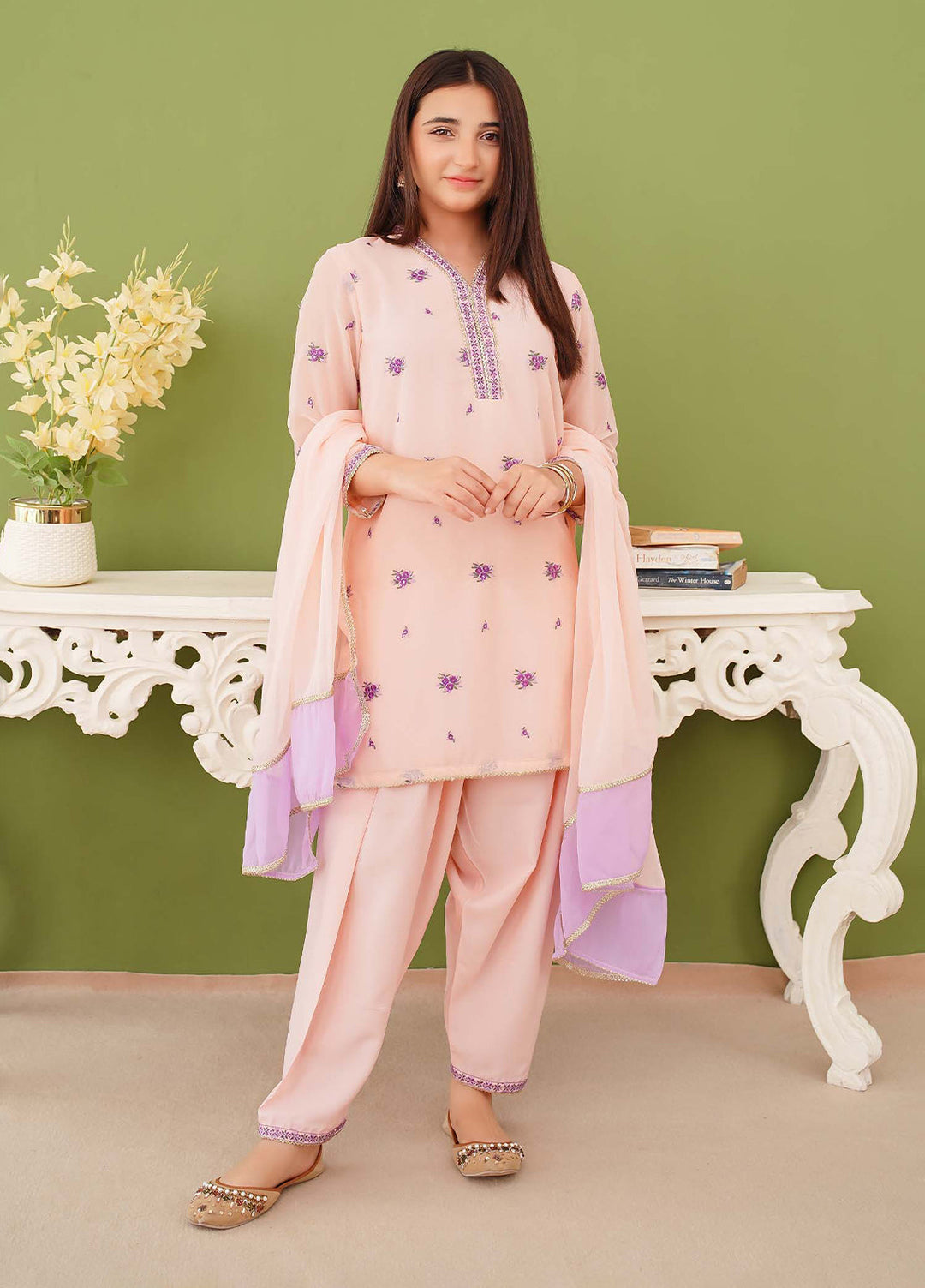 Modest Pret Edit Girls 3 Piece Peach Chiffon Embroidered Suit - Formals Collection
