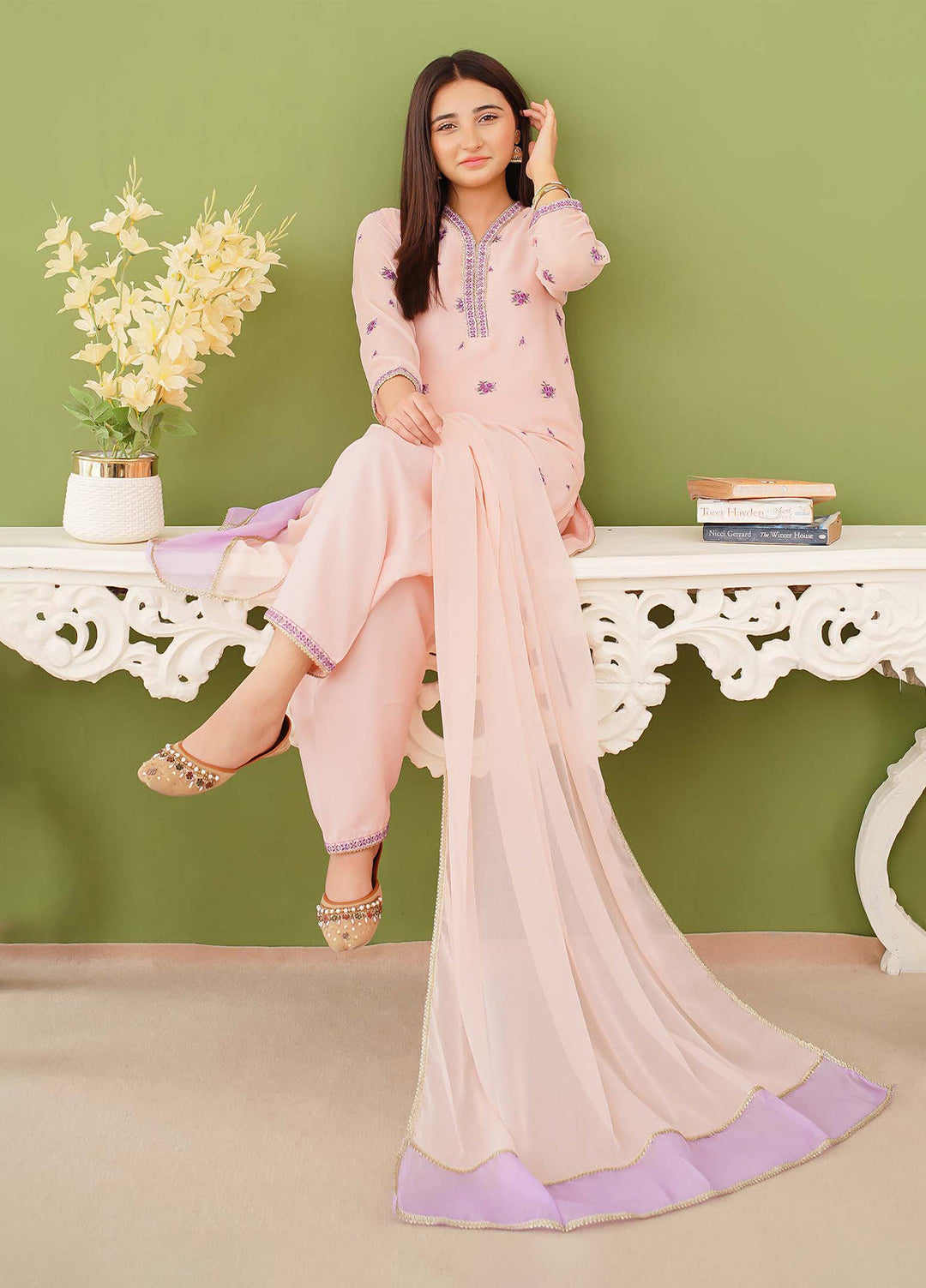 Modest Pret Edit Girls 3 Piece Peach Chiffon Embroidered Suit - Formals Collection
