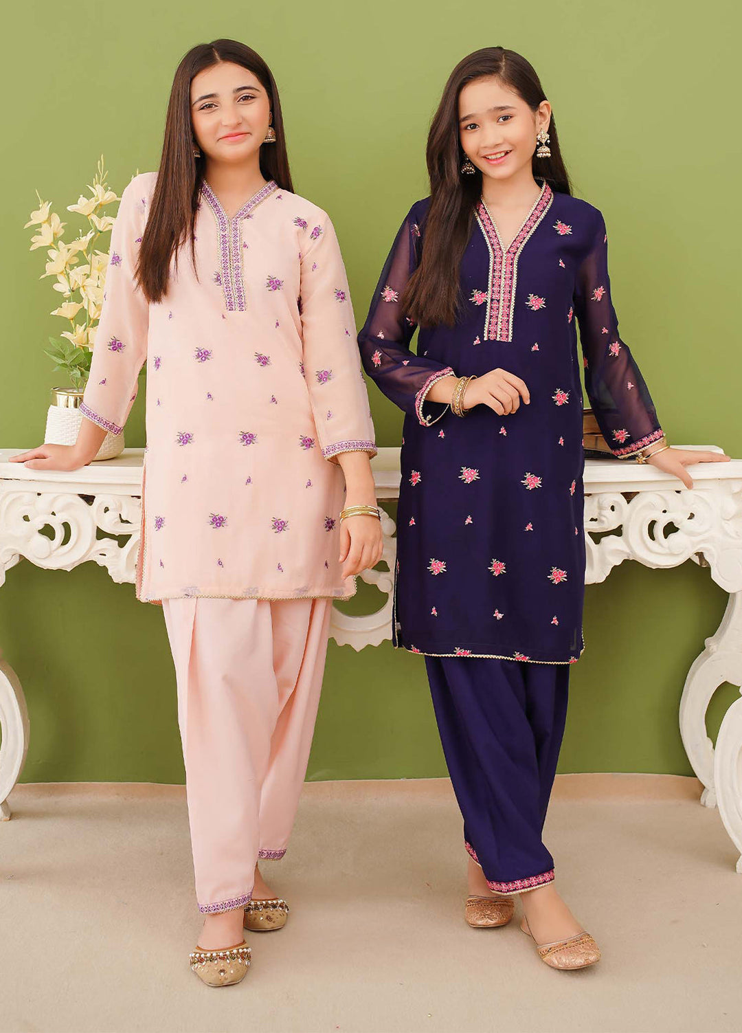 Modest Pret Edit Girls 3 Piece Embroidered Blue Chiffon Suit - Formals Collection