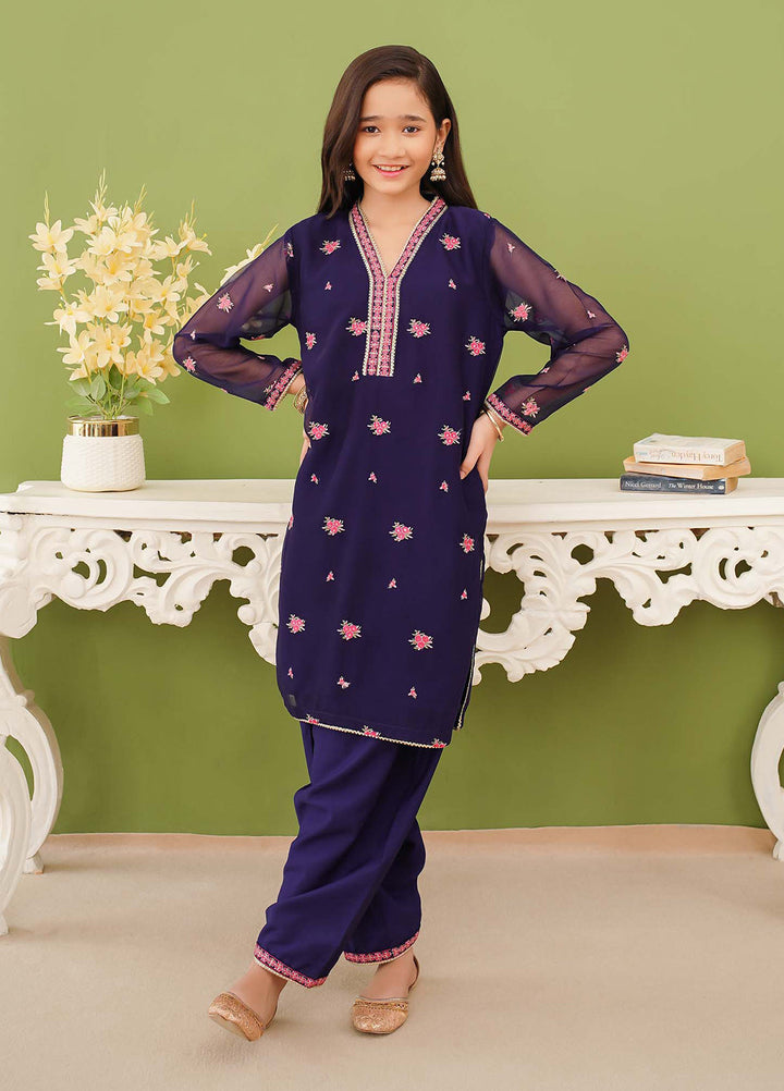 Modest Pret Edit Girls 3 Piece Embroidered Blue Chiffon Suit - Formals Collection