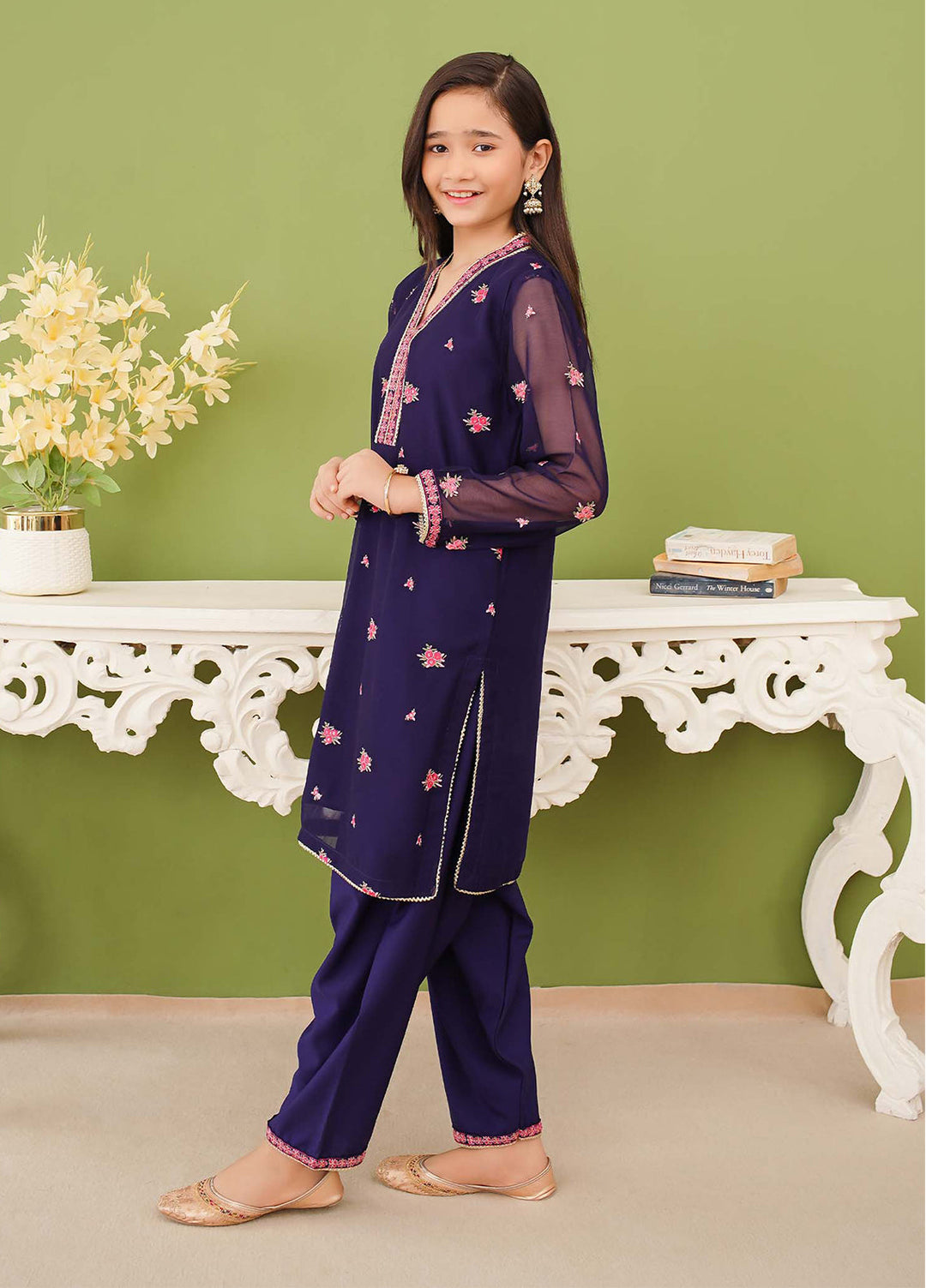 Modest Pret Edit Girls 3 Piece Embroidered Blue Chiffon Suit - Formals Collection