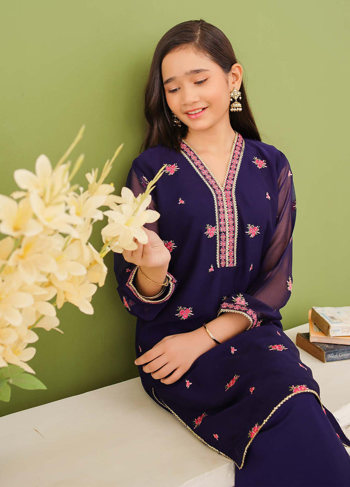Modest Pret Edit Girls 3 Piece Embroidered Blue Chiffon Suit - Formals Collection