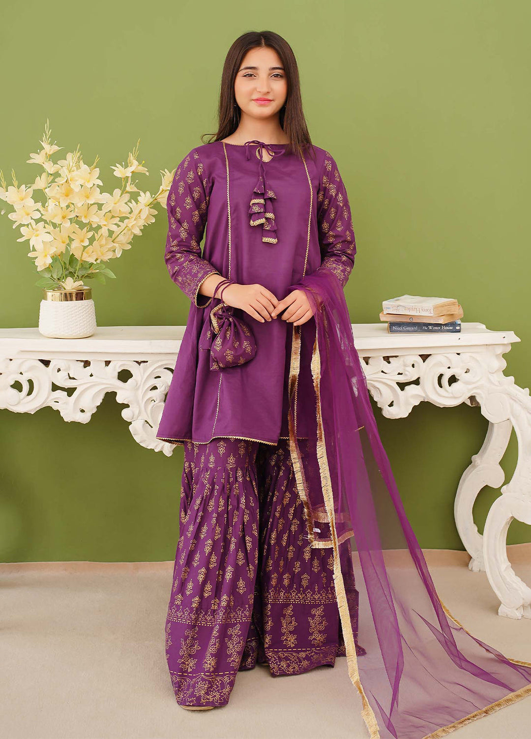 Modest Pret Edit Girls 3 Piece Purple Printed Cotton Gharara - Formals Collection