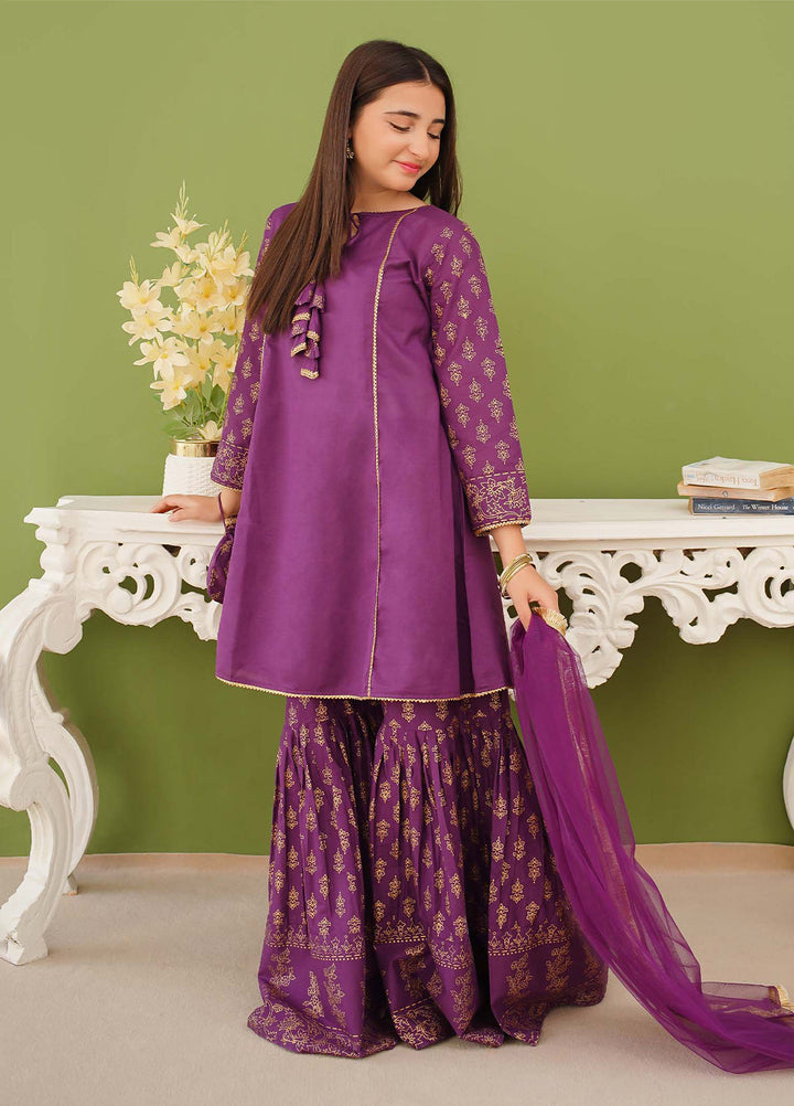 Modest Pret Edit Girls 3 Piece Purple Printed Cotton Gharara - Formals Collection