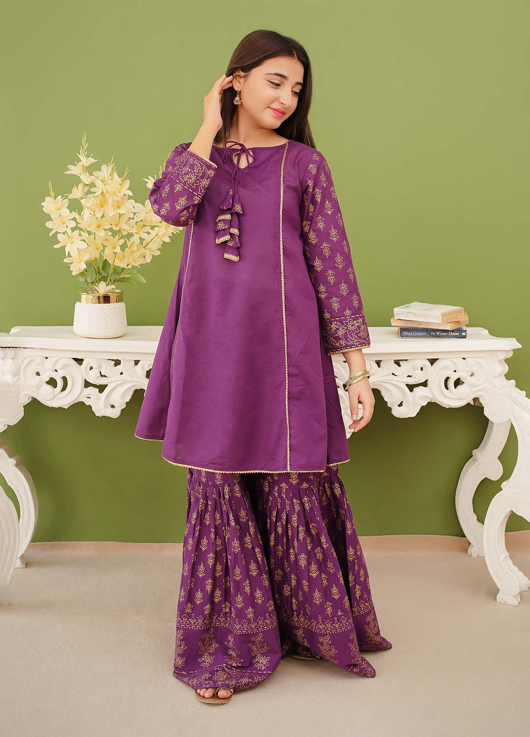 Modest Pret Edit Girls 3 Piece Purple Printed Cotton Gharara - Formals Collection