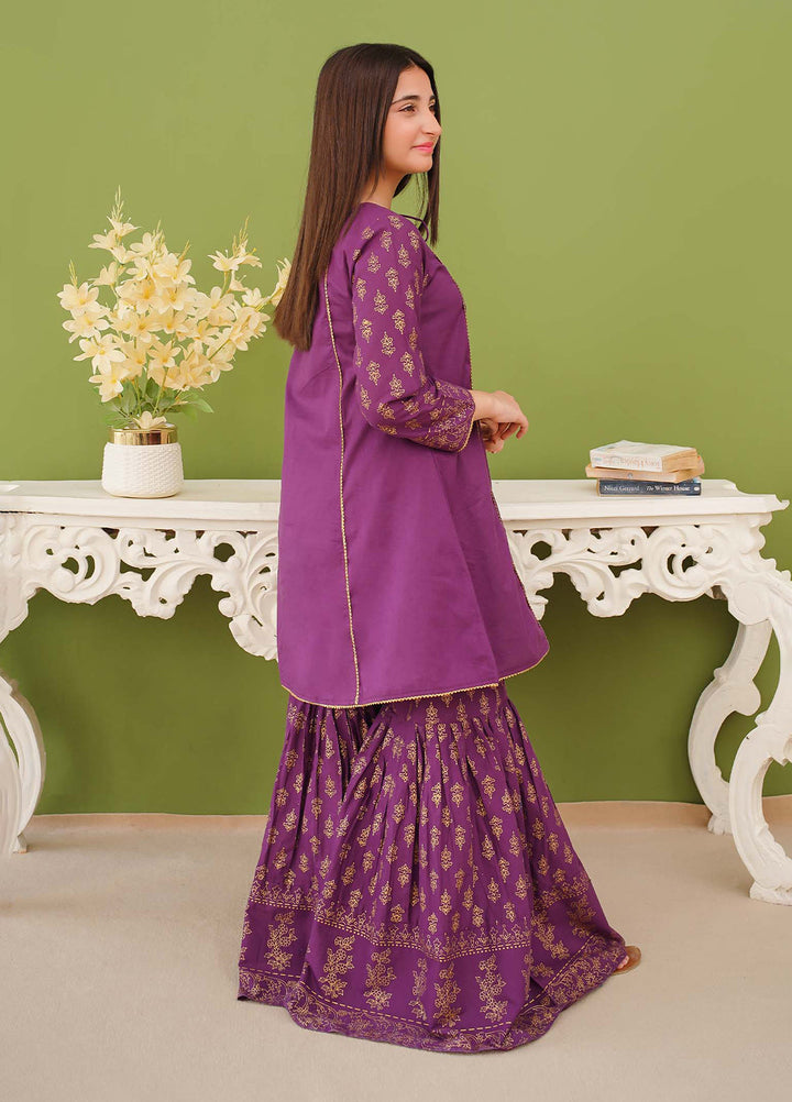 Modest Pret Edit Girls 3 Piece Purple Printed Cotton Gharara - Formals Collection