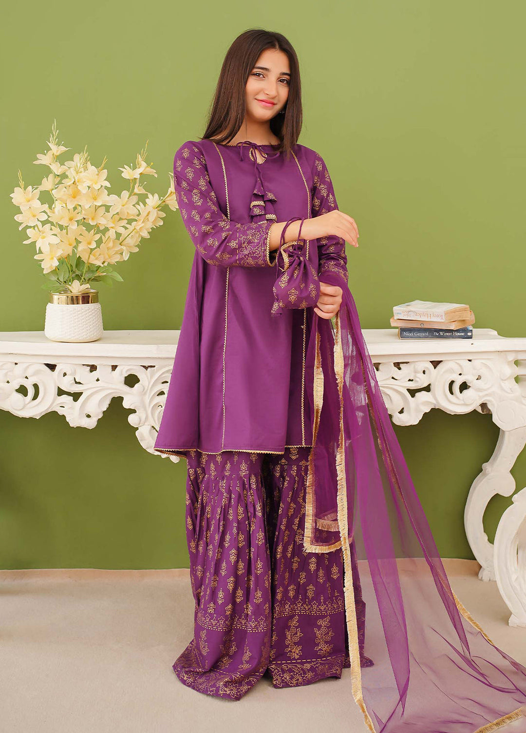 Modest Pret Edit Girls 3 Piece Purple Printed Cotton Gharara - Formals Collection