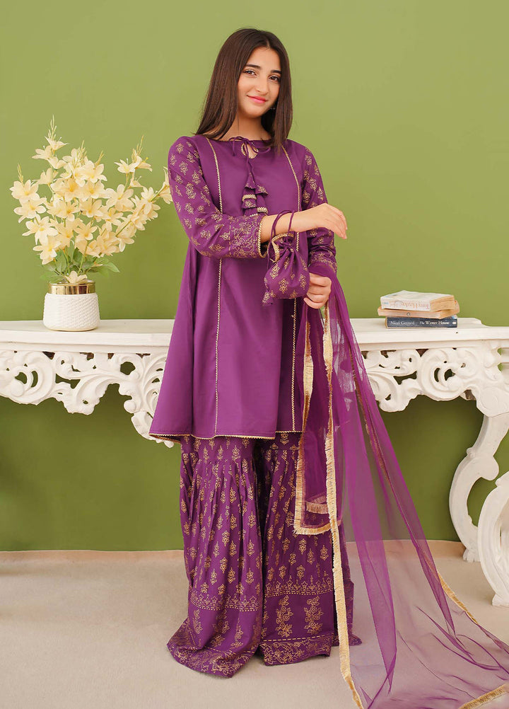 Modest Pret Edit Girls 3 Piece Purple Printed Cotton Gharara - Formals Collection