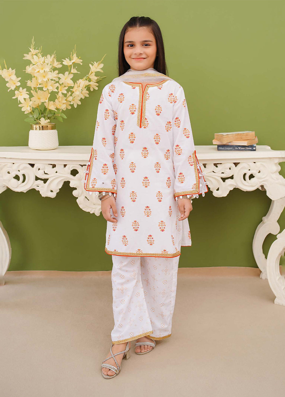 Modest Pret Edit Girls 3 Piece Printed White Cotton Suit - Festive Collection