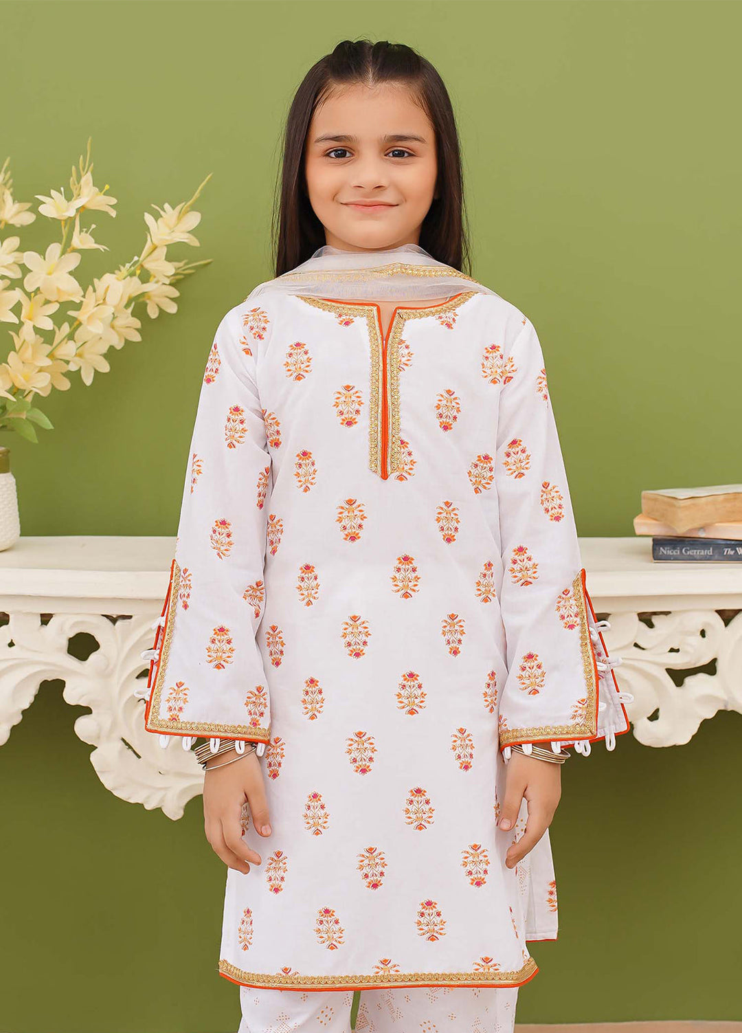 Modest Pret Edit Girls 3 Piece Printed White Cotton Suit - Festive Collection