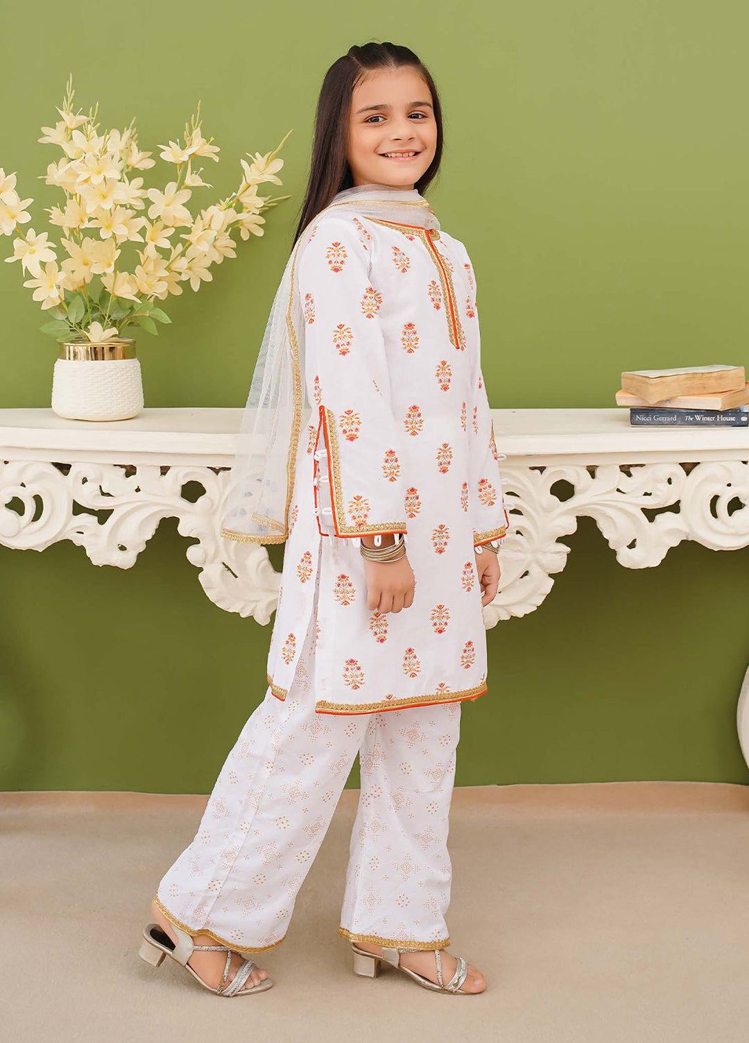 Modest Pret Edit Girls 3 Piece Printed White Cotton Suit - Festive Collection
