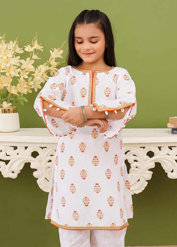 Modest Pret Edit Girls 3 Piece Printed White Cotton Suit - Festive Collection