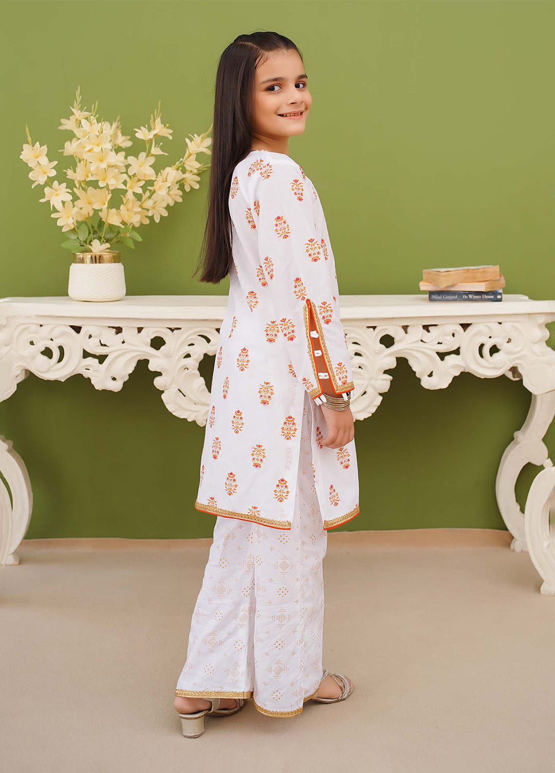 Modest Pret Edit Girls 3 Piece Printed White Cotton Suit - Festive Collection