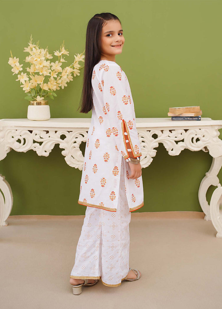 Modest Pret Edit Girls 3 Piece Printed White Cotton Suit - Festive Collection