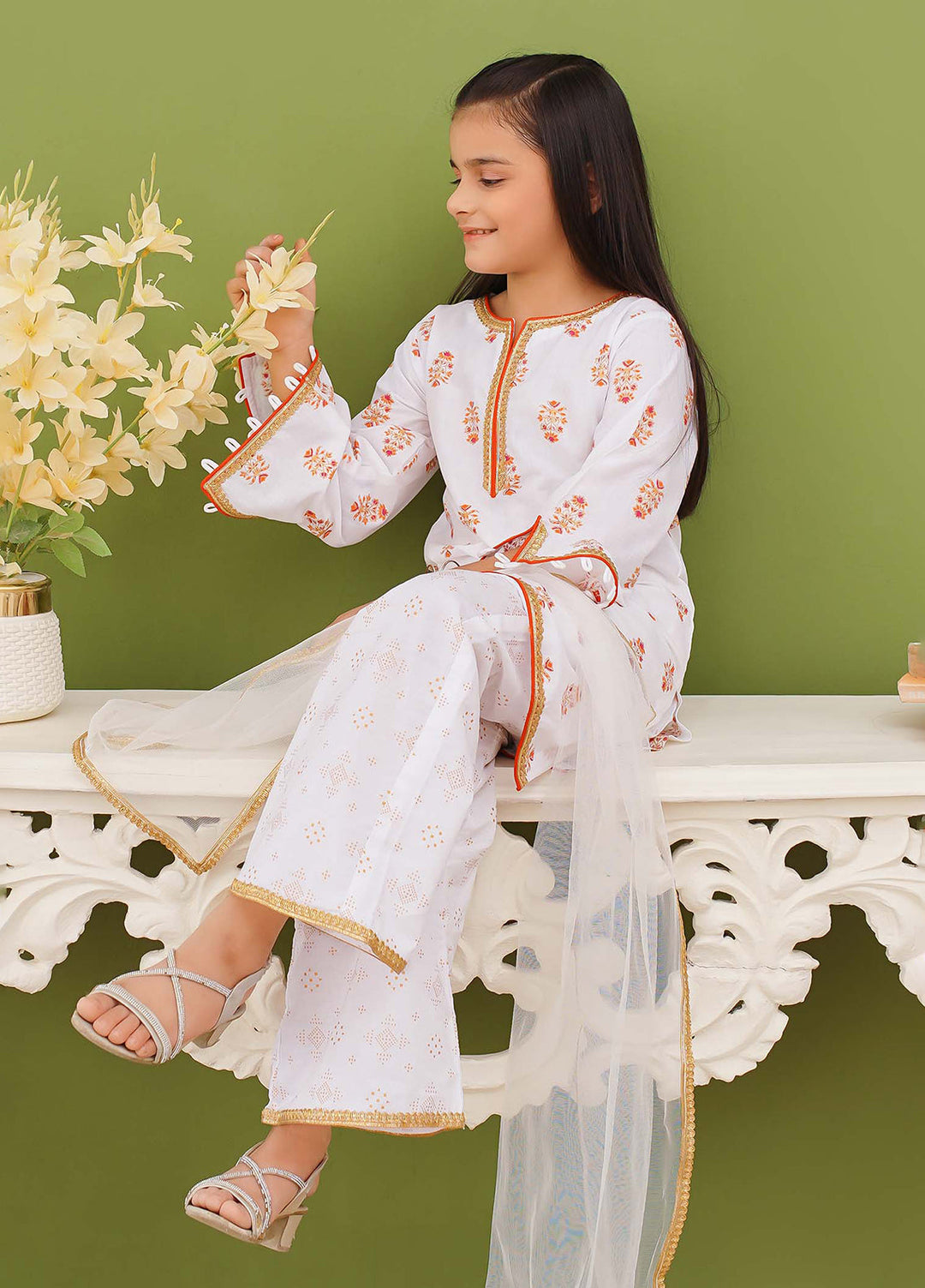 Modest Pret Edit Girls 3 Piece Printed White Cotton Suit - Festive Collection