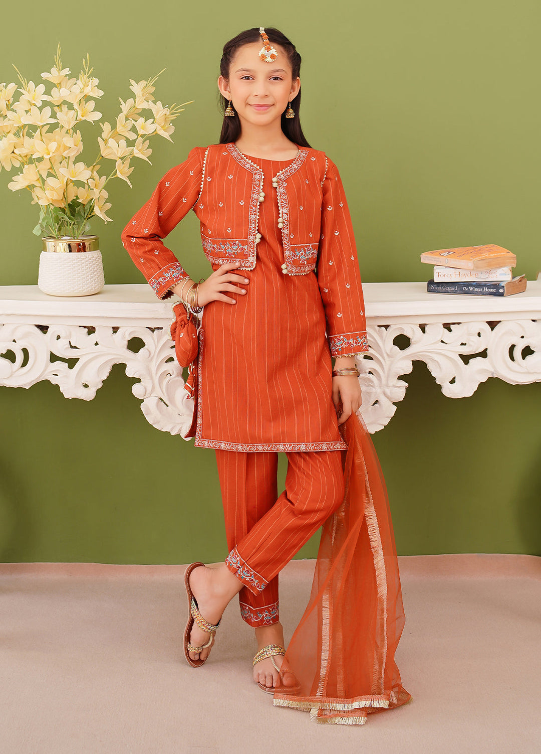 Modest Girl Pret Girls 3 Piece Khaddar Embroidered Brown Suit - Winter Collection