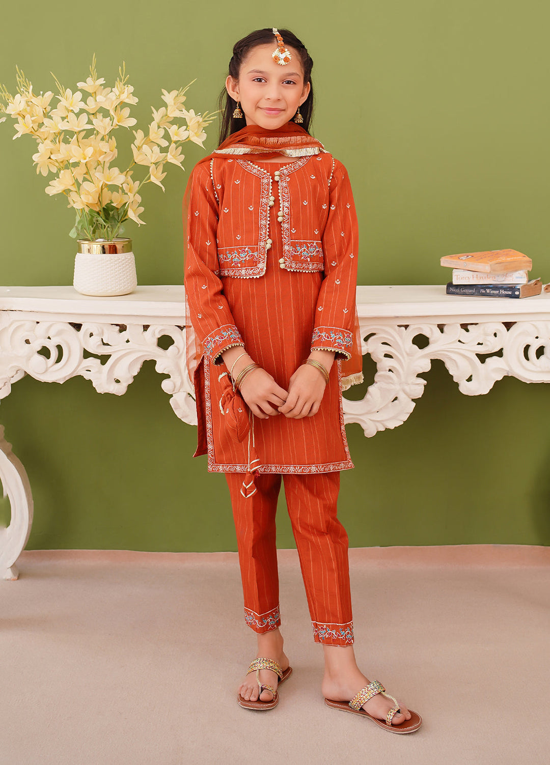 Modest Girl Pret Girls 3 Piece Khaddar Embroidered Brown Suit - Winter Collection