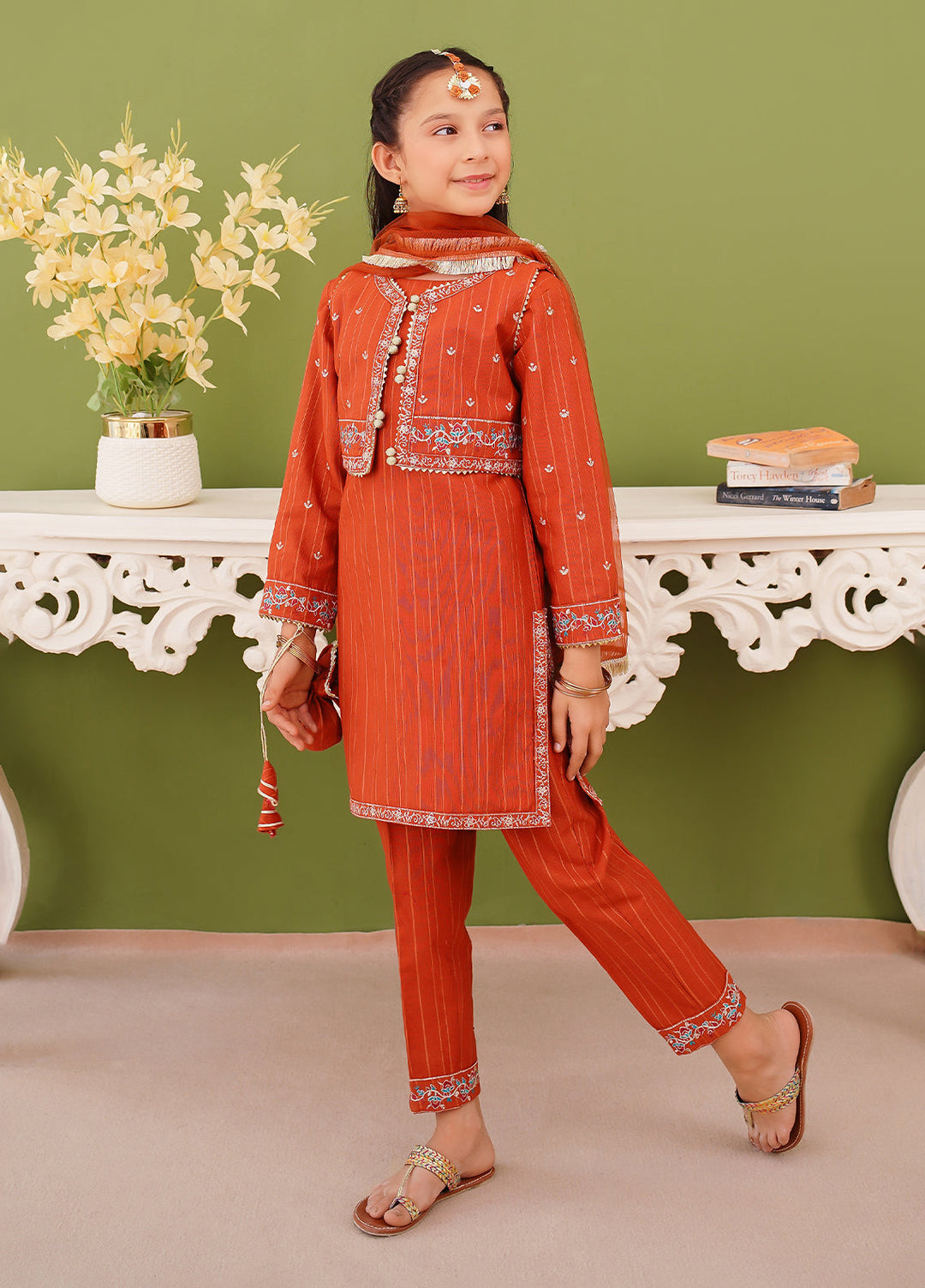 Modest Girl Pret Girls 3 Piece Khaddar Embroidered Brown Suit - Winter Collection