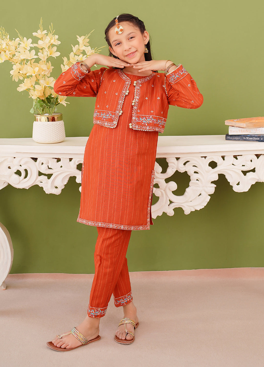 Modest Girl Pret Girls 3 Piece Khaddar Embroidered Brown Suit - Winter Collection