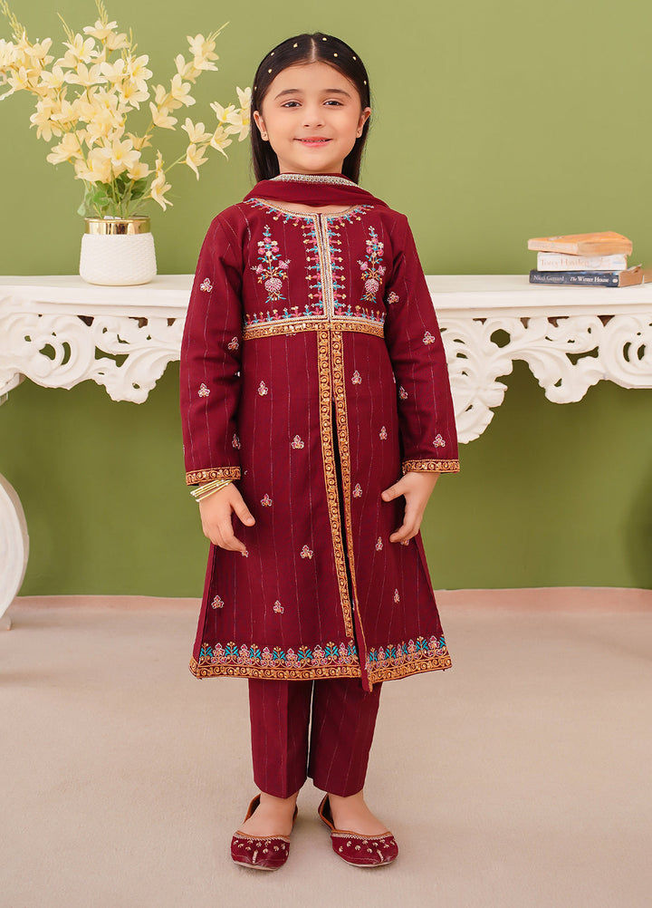 Modest Girl Pret Girls 3 Piece Khaddar Embroidered Maroon Suit - Winter Collection