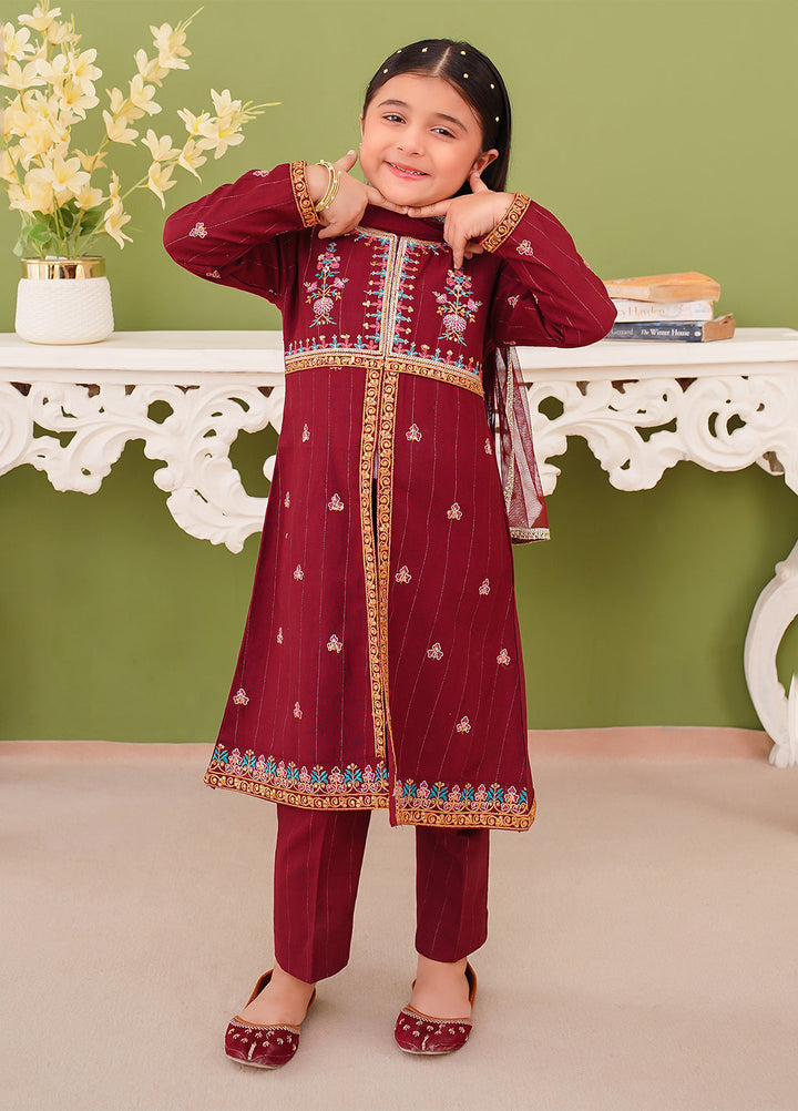 Modest Girl Pret Girls 3 Piece Khaddar Embroidered Maroon Suit - Winter Collection