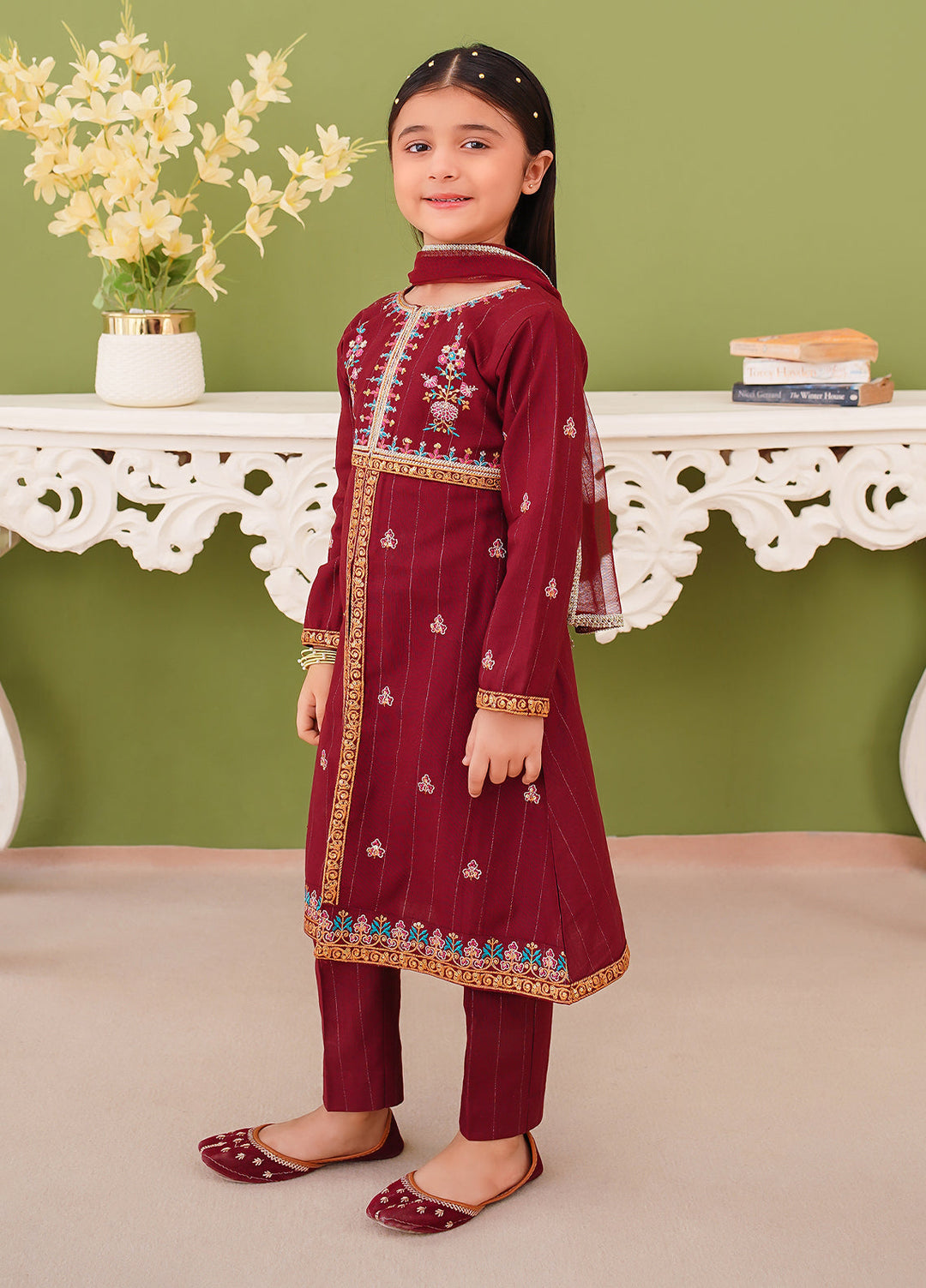 Modest Girl Pret Girls 3 Piece Khaddar Embroidered Maroon Suit - Winter Collection