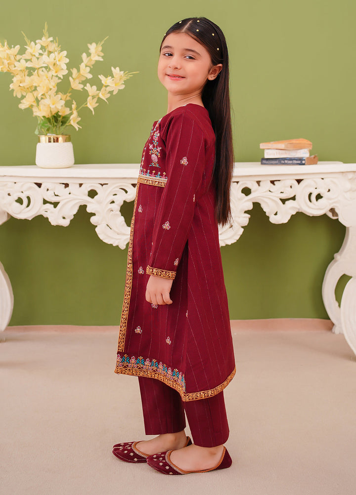 Modest Girl Pret Girls 3 Piece Khaddar Embroidered Maroon Suit - Winter Collection
