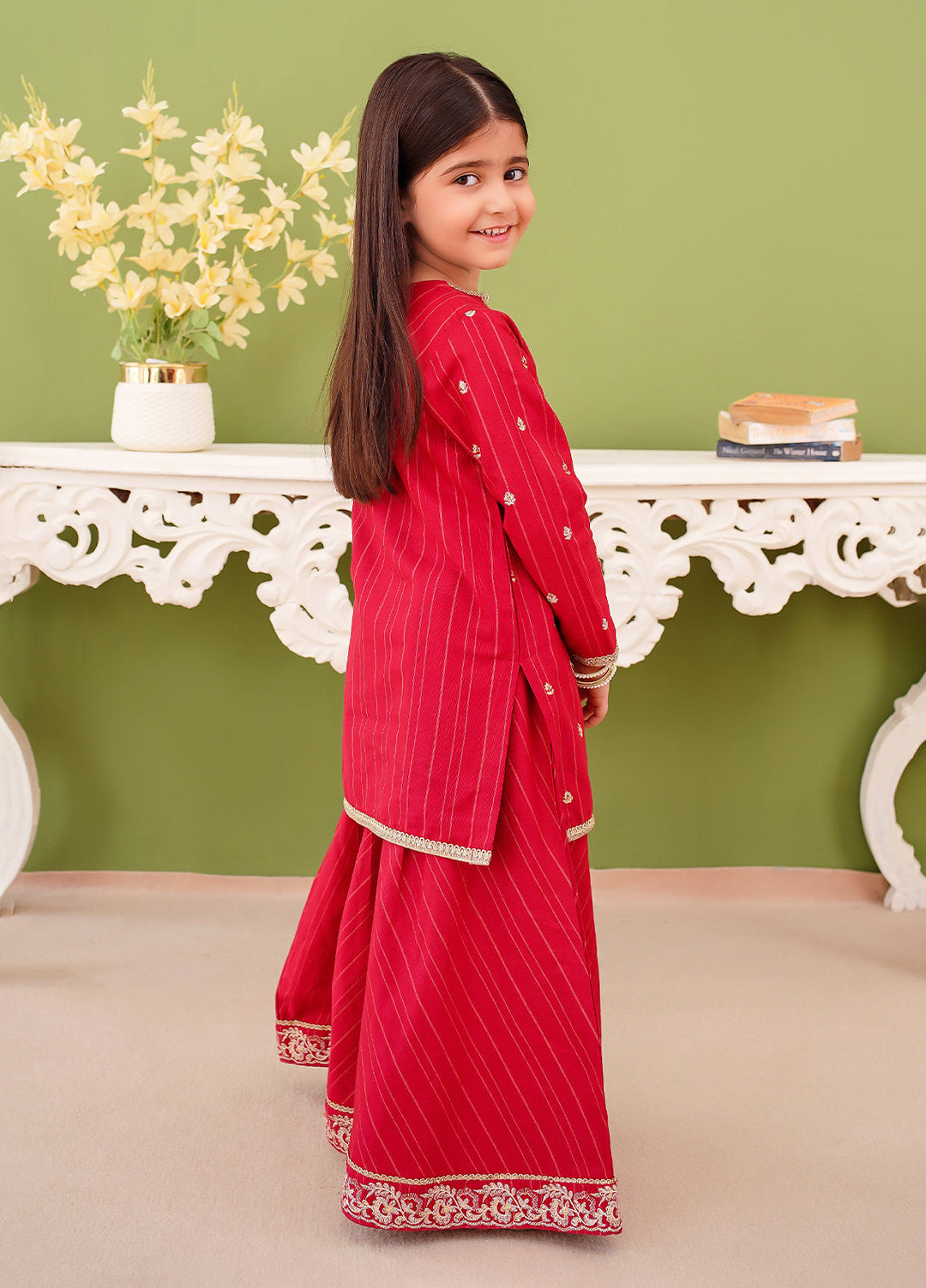 Modest Girl Pret Girls 3 Piece Khaddar Embroidered Pink Suit - Winter Collection
