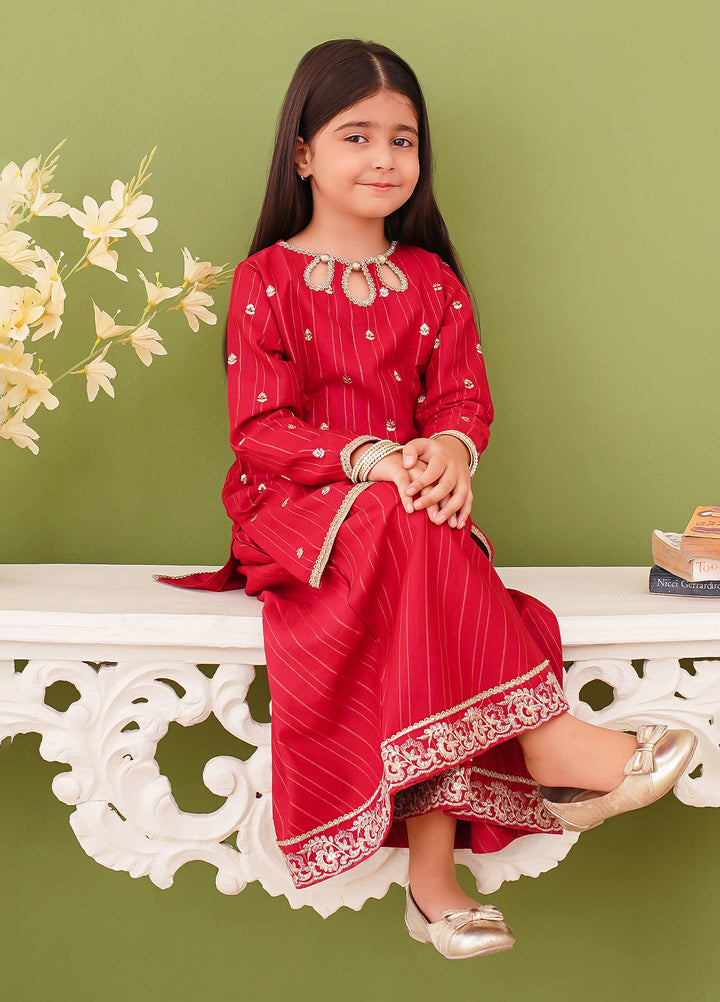Modest Girl Pret Girls 3 Piece Khaddar Embroidered Pink Suit - Winter Collection