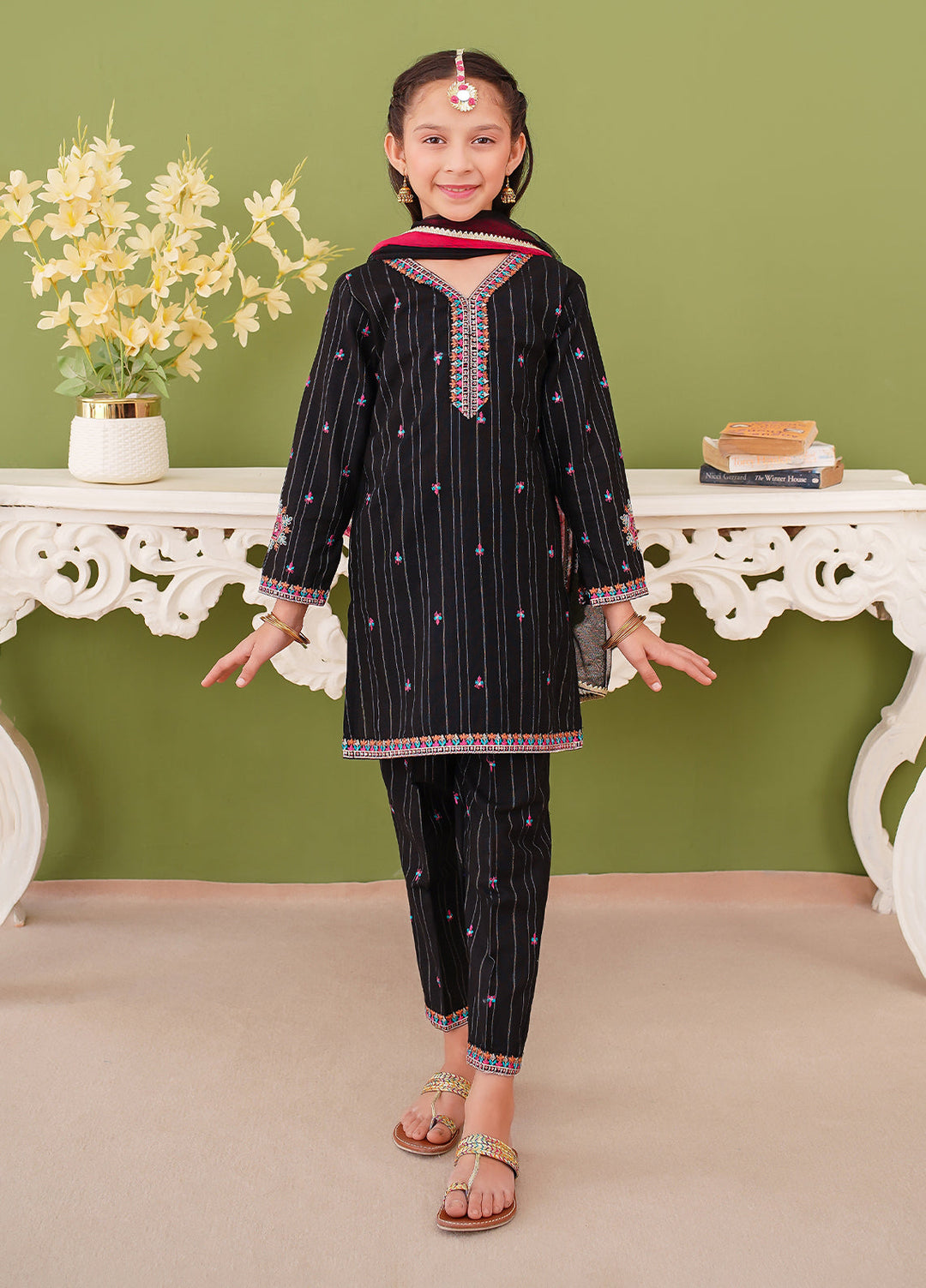 Modest Girl Pret Girls 3 Piece Khaddar Embroidered Black Suit - Winter Collection
