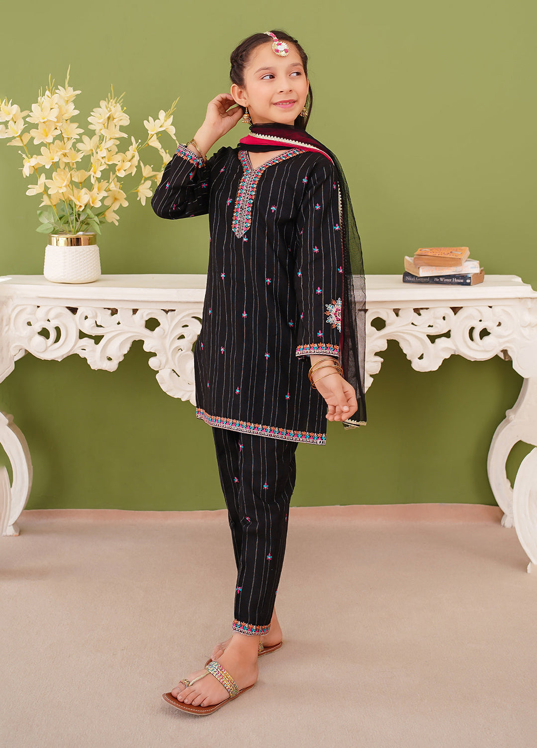 Modest Girl Pret Girls 3 Piece Khaddar Embroidered Black Suit - Winter Collection