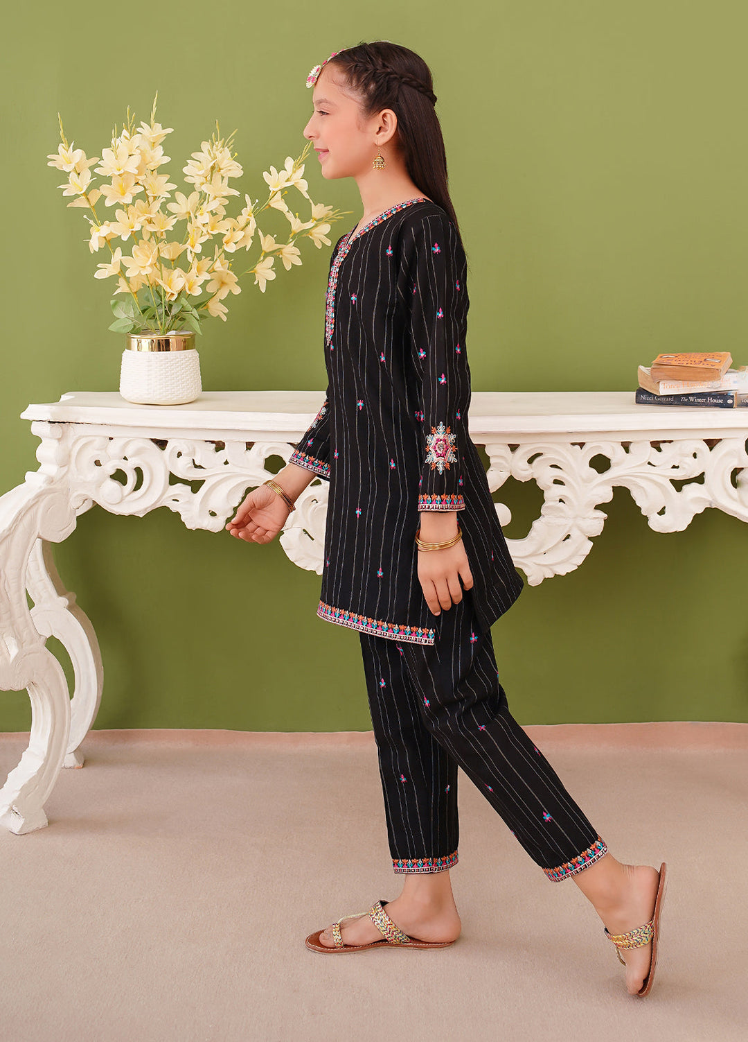 Modest Girl Pret Girls 3 Piece Khaddar Embroidered Black Suit - Winter Collection