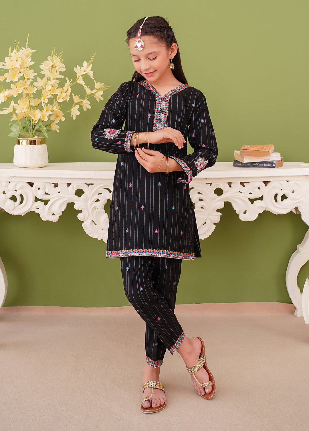 Modest Girl Pret Girls 3 Piece Khaddar Embroidered Black Suit - Winter Collection