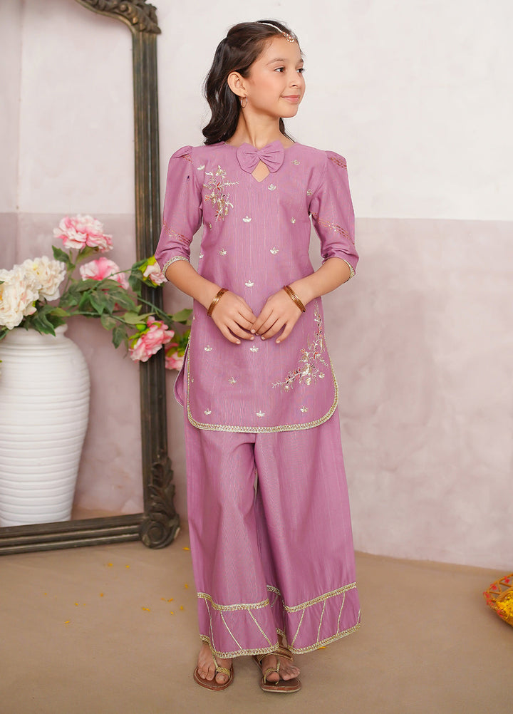Modest Girl Pret Girls 3 Piece Khaddar Embroidered Lilac Suit - Winter Collection