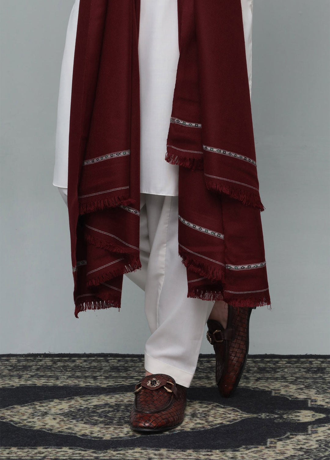 Mazham Mens Wool Shawl Textured 1 Piece Unstitched Marron Swati Thread - Winter Collection