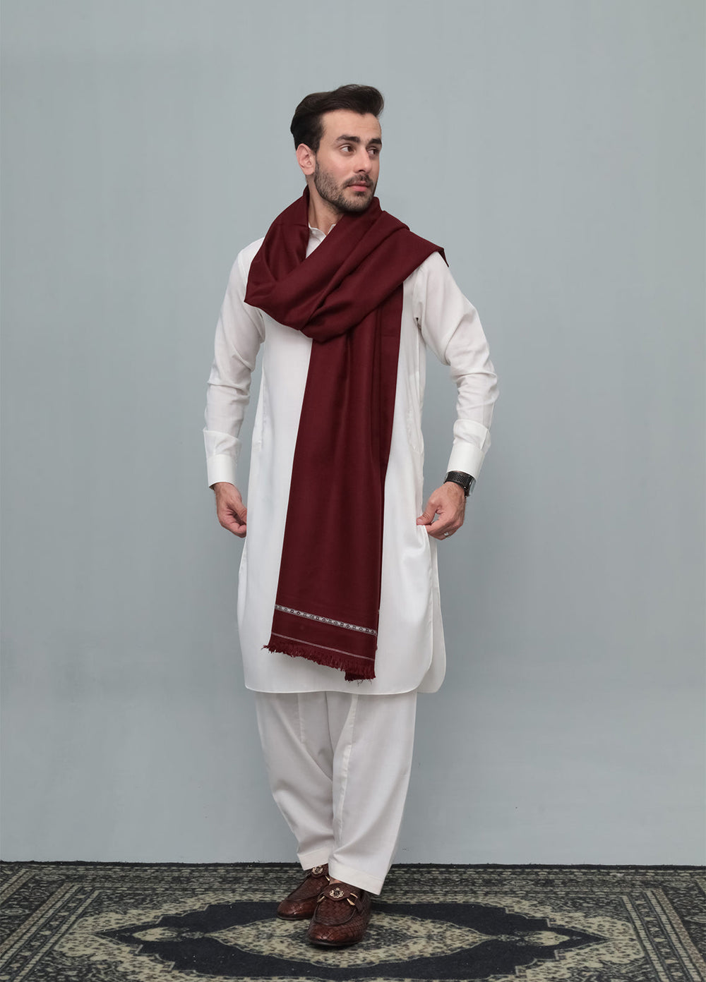 Mazham Mens Wool Shawl Textured 1 Piece Unstitched Marron Swati Thread - Winter Collection