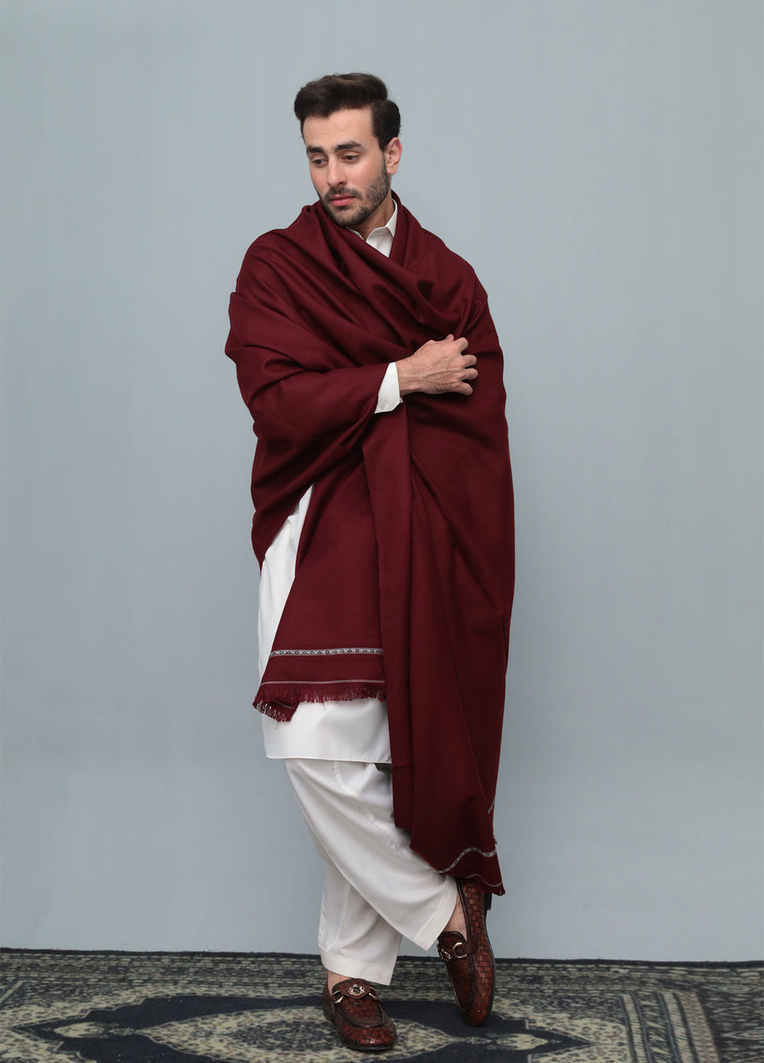 Mazham Mens Wool Shawl Textured 1 Piece Unstitched Marron Swati Thread - Winter Collection