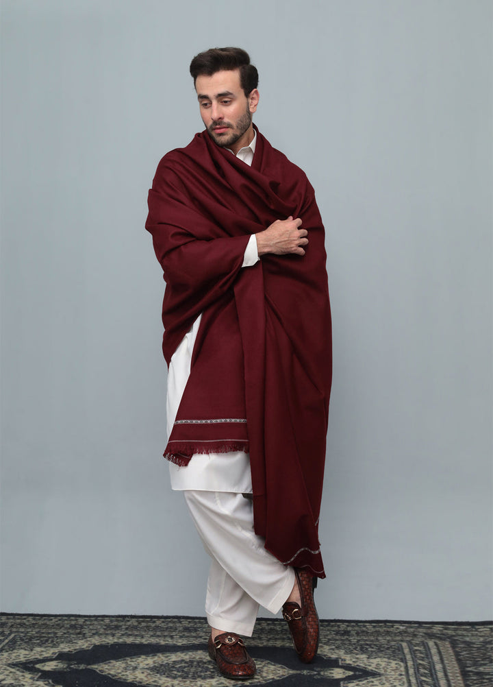 Mazham Mens Wool Shawl Textured 1 Piece Unstitched Marron Swati Thread - Winter Collection