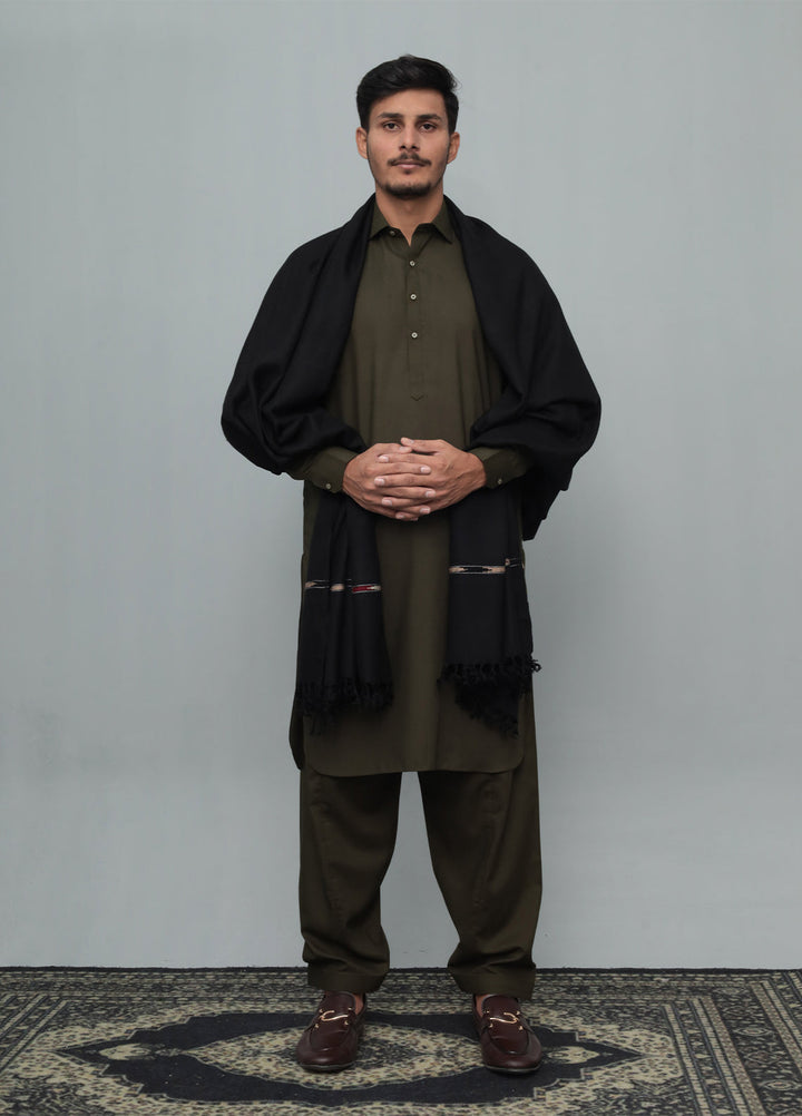 Mazham Mens Wool Shawl Textured 1 Piece Unstitched Black Swati Thread - Winter Collection