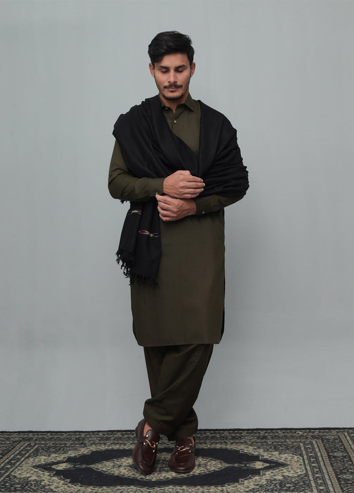 Mazham Mens Wool Shawl Textured 1 Piece Unstitched Black Swati Thread - Winter Collection