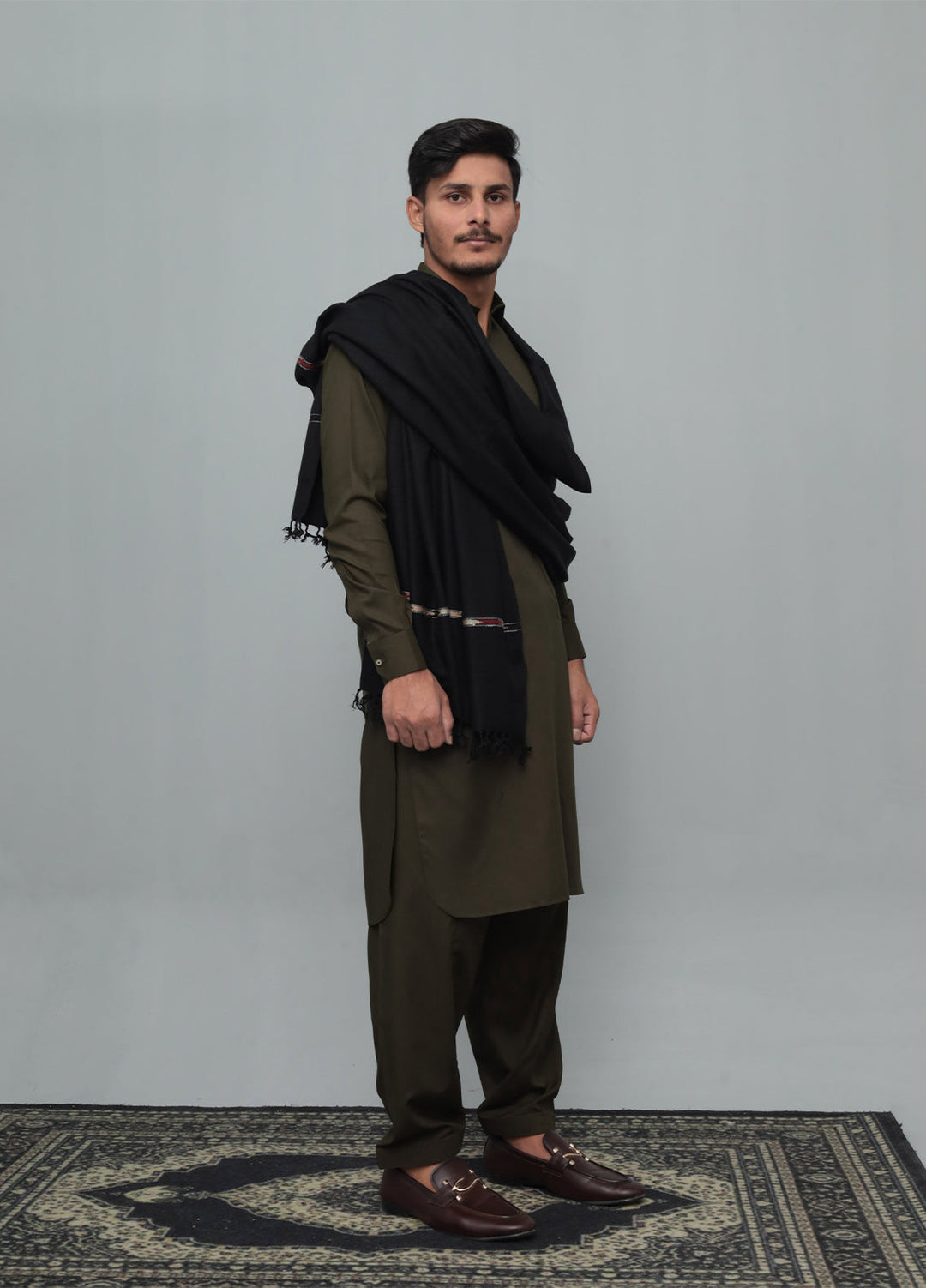 Mazham Mens Wool Shawl Textured 1 Piece Unstitched Black Swati Thread - Winter Collection