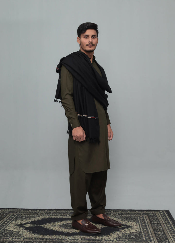 Mazham Mens Wool Shawl Textured 1 Piece Unstitched Black Swati Thread - Winter Collection