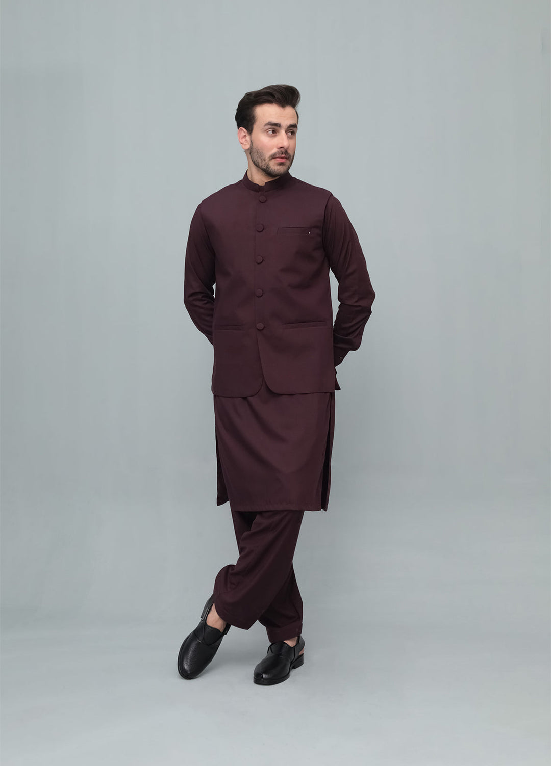 Mazham Mens 3 Piece Dark Marron With Blended Waistcoat Round Cut and Matching Fabric Buttons - Festive Collection