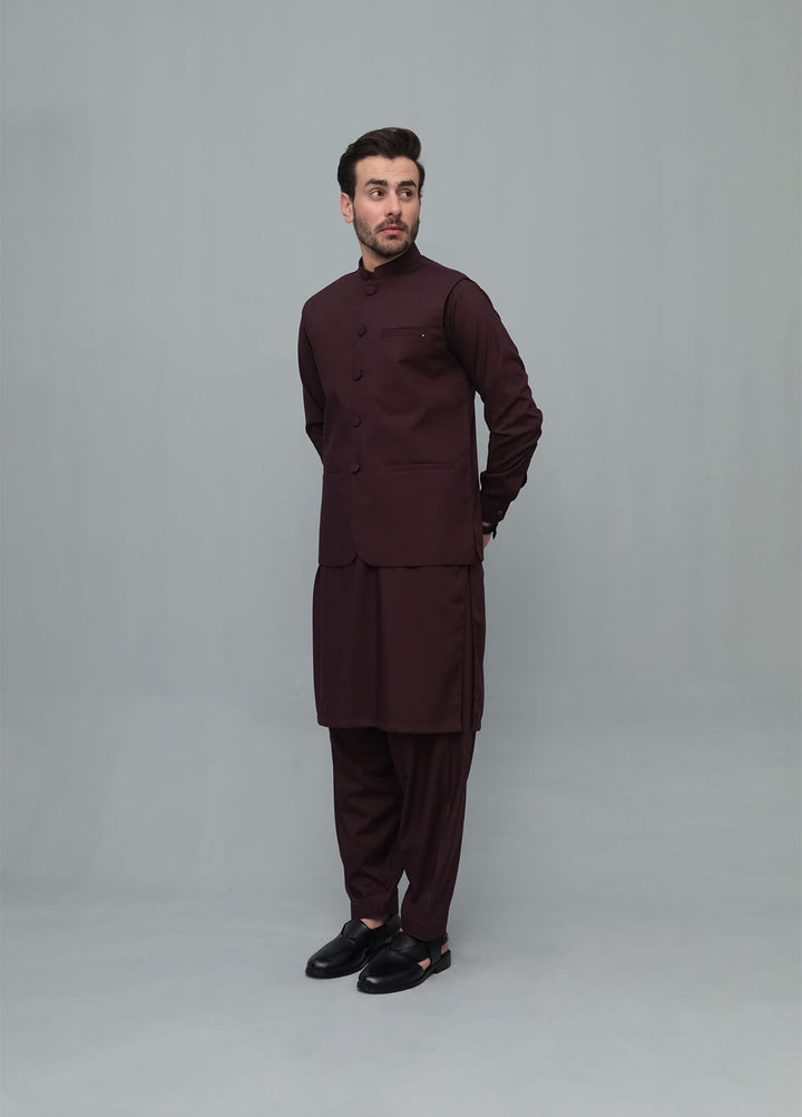 Mazham Mens 3 Piece Dark Marron With Blended Waistcoat Round Cut and Matching Fabric Buttons - Festive Collection