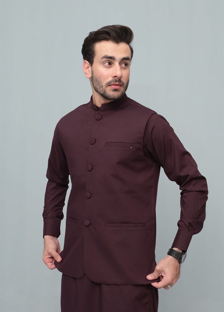Mazham Mens 3 Piece Dark Marron With Blended Waistcoat Round Cut and Matching Fabric Buttons - Festive Collection
