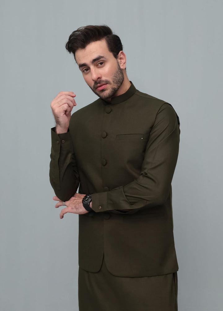 Mazham Mens 3 Piece Army Green With Blended Waistcoat Round Cut and Matching Fabric Buttons - Festive Collection