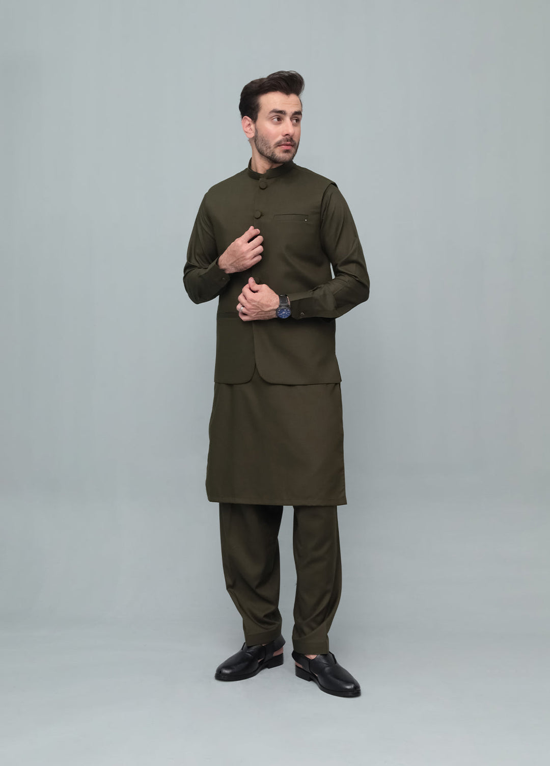 Mazham Mens 3 Piece Army Green With Blended Waistcoat Round Cut and Matching Fabric Buttons - Festive Collection