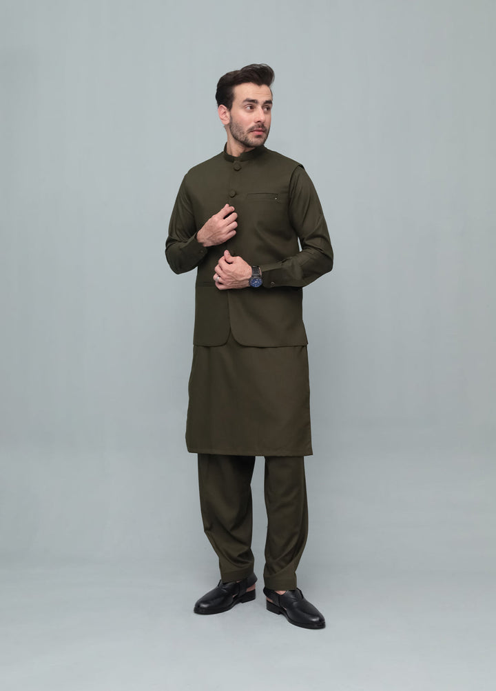 Mazham Mens 3 Piece Army Green With Blended Waistcoat Round Cut and Matching Fabric Buttons - Festive Collection